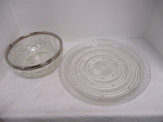 Silver Rim Serving Bowl & Clear Glass Platter