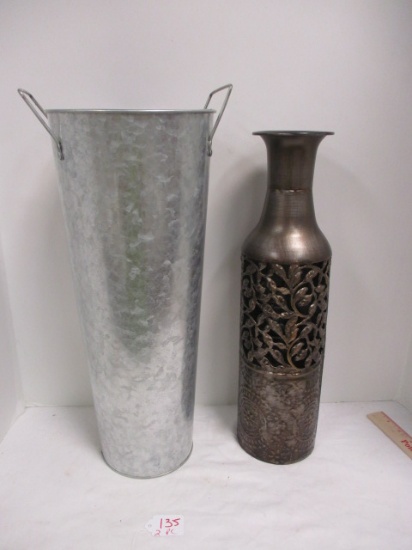 Galvanized Bucket Vase (17 1/2) & Bronzed Metal Vase (17")