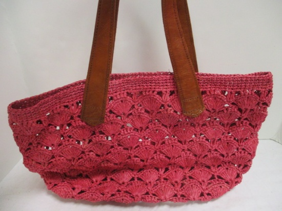 Mar Y Valencia Hot Pink Woven Raffia Bag w/Leather Handles