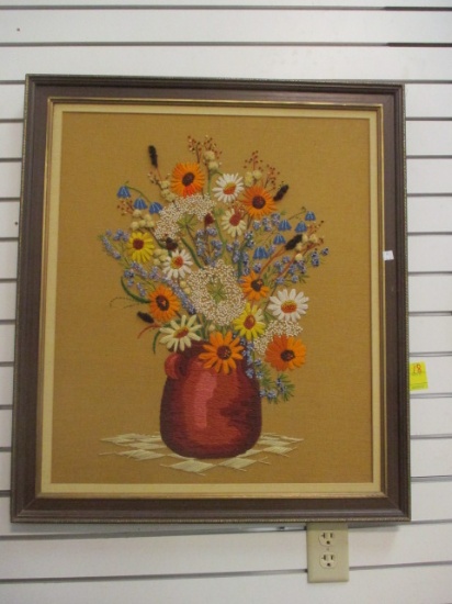 Vintage Crewel Needlework Framed Wall Art