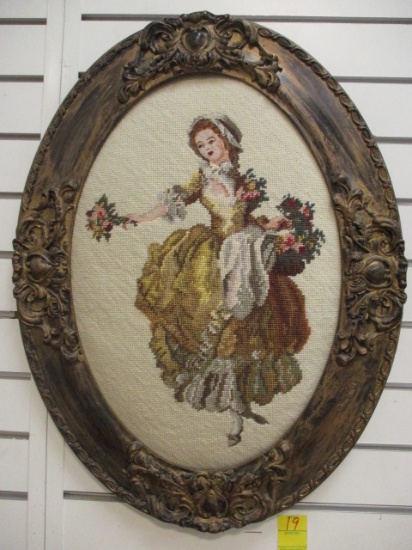 Framed Lady Flowers Needlepoint in Ornate Frame
