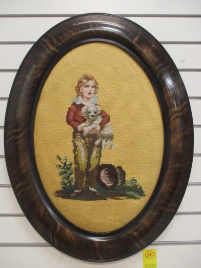 French Boy with Dog Framed Needlepoint
