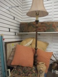 1/2 Table Lot-Wood Floor Lamp, Throw Pillows, Pottery,