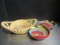Two Colorful Small Round Braided Baskets and a Gullah Sweetbriar Basket.