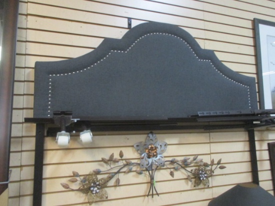 Dark Grey Padded Headboard with Nail Head Trim Includes Metal Rails.