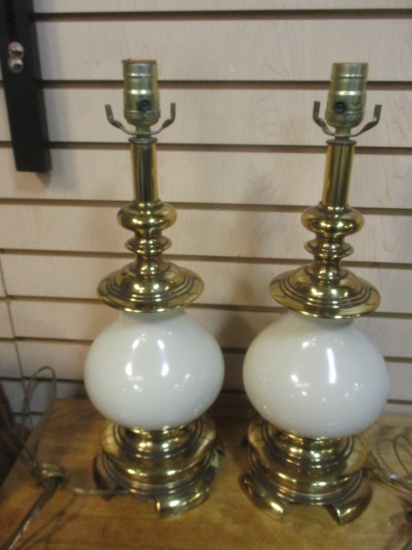 Pair of Heavy Brass and Cream Lamps. No Shades.