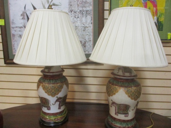 Pair of Table Lamps With Elephants Motifs and Shades. Very Heavy.