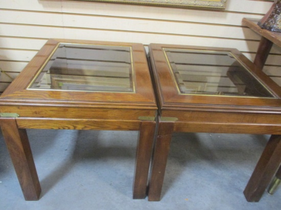 Pair of Beveled Glass Top End Tables with Brass Accents.