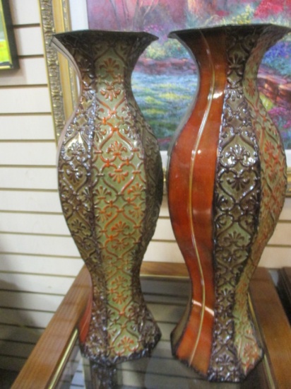 Pair of Metal Decorative Vases, Olive, Green and Browns.