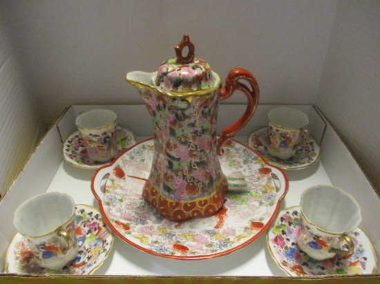 Oriental Tea Set with Tea Pot, Four Cups and Saucers and Signed Japan Serving Plate.