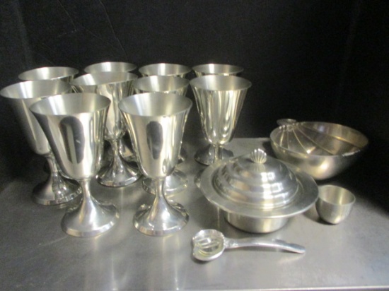 Ten Stieff Pewter Water Goblets, Two  Bent. Pewter Covered Dish, Pumpkin Bowl, Misc.
