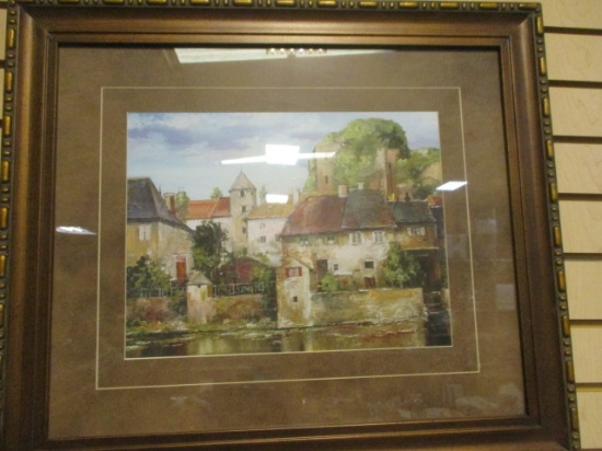 Framed European Style Village Scene Along River.