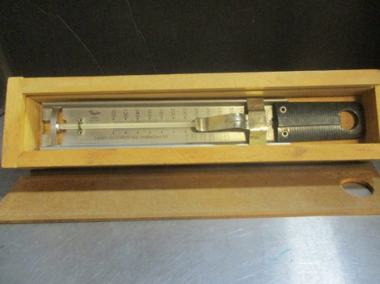 Vintage Taylor Candy-Jelly-Frosting Thermometer in Wood Box with Sliding Top.