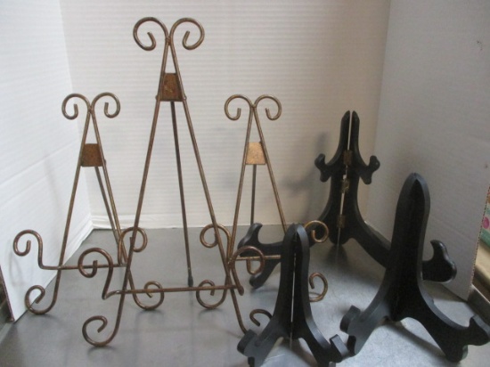 Three Metal and Three Wood Picture/Plate Stands.