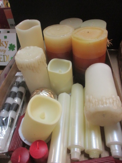 Box Lot of Burning Candles and Battery Operated Candles.