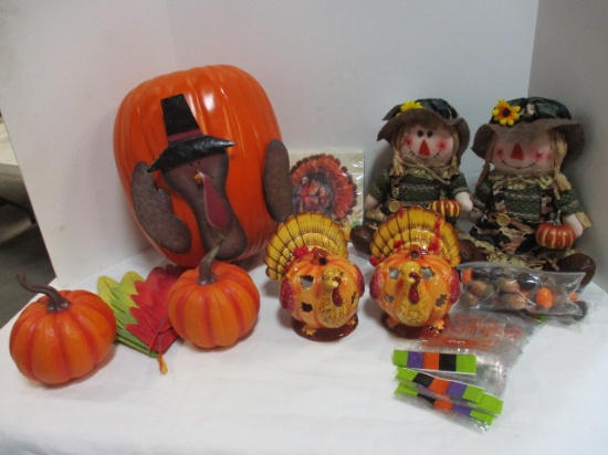 Thanksgiving Decorations, Pumpkin, Metal Leaves, Scarecrow Dolls, Candle Holders.