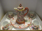 Oriental Tea Set with Tea Pot, Four Cups and Saucers and Signed Japan Serving Plate.