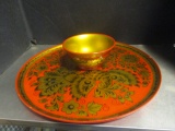 Vintage Russian Khokhloma Tray and Bowl.  Tray Can be Hung Small Chip on Rim.