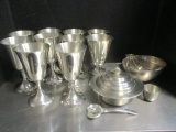 Ten Stieff Pewter Water Goblets, Two  Bent. Pewter Covered Dish, Pumpkin Bowl, Misc.