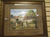 Framed European Style Village Scene Along River.