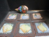 Six Clay Tile Wall Hangings with Fruit Pictures. And Signed Hand Painted Gourd.