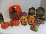 Thanksgiving Decorations, Pumpkin, Metal Leaves, Scarecrow Dolls, Candle Holders.