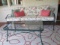 Nice Woodard Painted Green Metal Patio Sofa and Glass Top Coffee Table