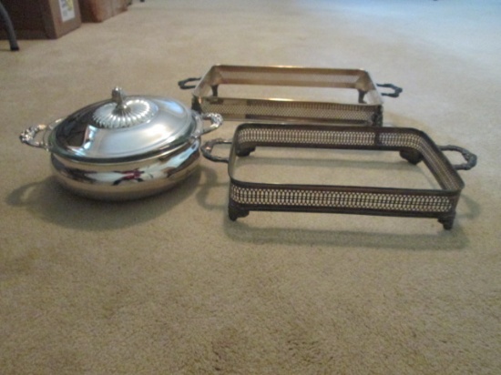 Two Silverplated Rectangular Serving Dish Stands and Round Covered Serving Dish