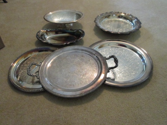 Silverplated Serving Trays and Footed Oval Centerpiece Bowl