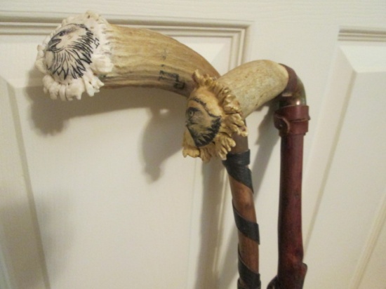 Two Stag Antler Handle Live Edge Canes with Scrimshaw Style Carved Eagles