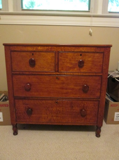 Antique Burlwood Veneer 2 over 2 Chest with Turned Legs