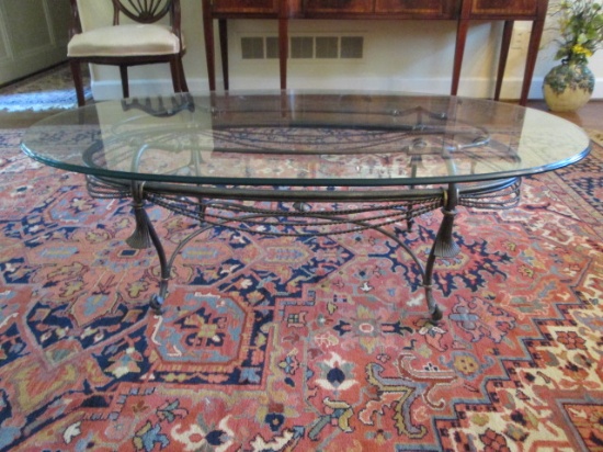Hollywood Regency Style Glass Top Wrought Iron Coffee Table