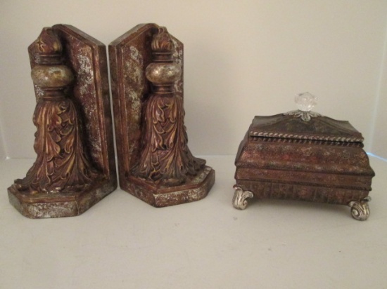 Metallic Finish Sculpted Resin Bookends and Trinket Box