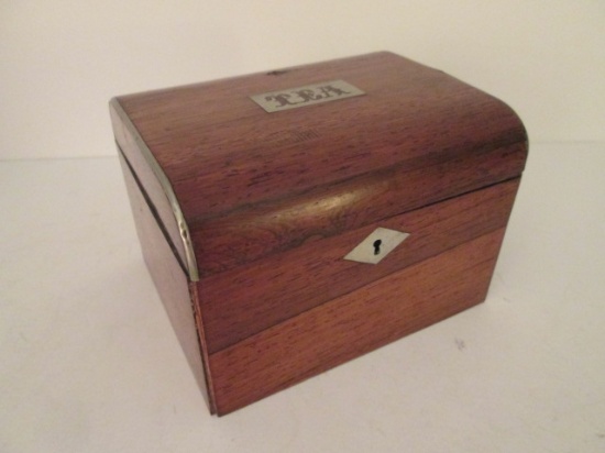 Vintage Wooden Inlaid Brass "Tea" Caddy Box