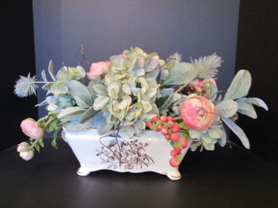 Vintage Ironstone Transferware Handled Planter/Bowl with Silk Arrangement