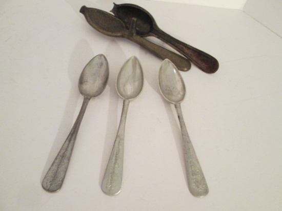 Antique Brass Table Spoon Mold and Three Molded Lead Spoons