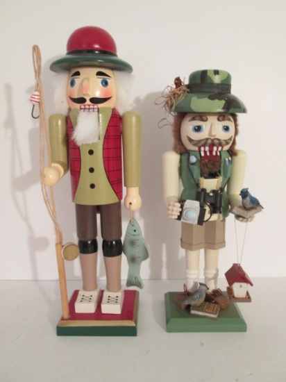 Handpainted Fisherman and Bird Watcher Nut Crackers