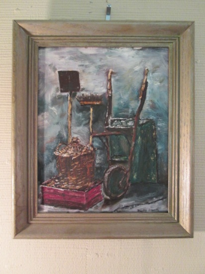 Dorothy Edwards Signed Garden Tool Still Life Painting on Board