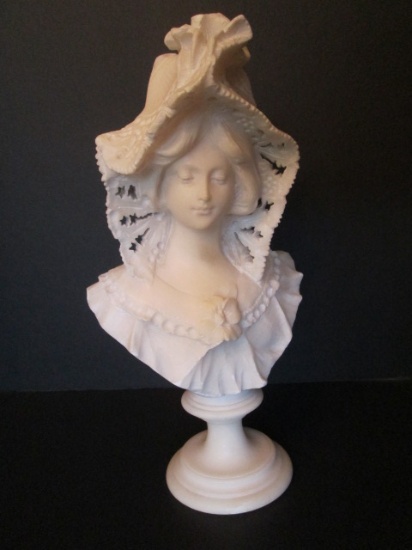 Carved Alabaster Bust of Young Woman in Lace Bonnet
