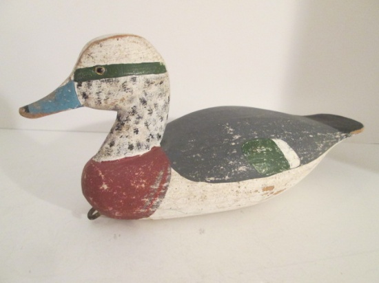 Old Signed "WM" Handpainted Carved Wooden Wigeon Drake Decoy