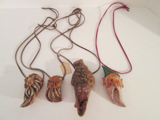 Four 1992 Signed "GT" Folk Art Carved Wood Spirit Pendants on Leather Straps