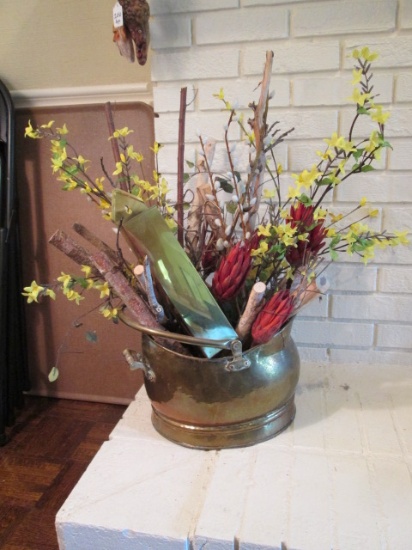 Brass Match Holder and Coal Skuttle with Twig and Silk Floral Arrangement
