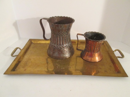 Egyptian Embossed Silver over Copper Tankards and Brass Tray