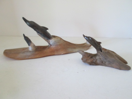 Two Folk Art Hand Carved Wood Leaping Dolphin Sculptures