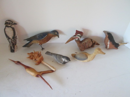 Grouping of Folk Art Hand Carved Wood Birds