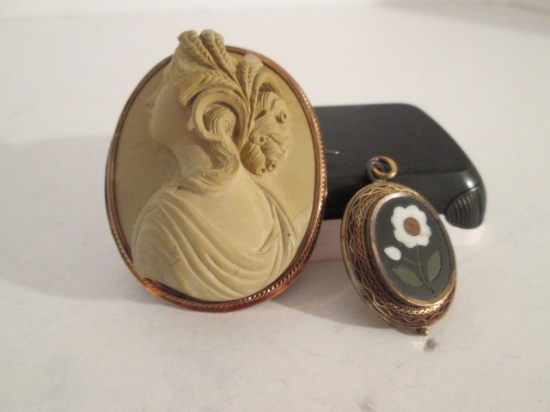 Antique Bisque Ware Cameo and Inlaid Stone Flower Pendant