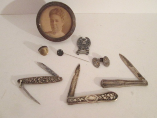 Antique Sterling Photo Frame with Portrait, Sterling Stick Pin, Sterling Foreign
