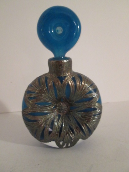 Vintage Hand Blown Art Glass Perfume Bottle with Sterling Overlay Design