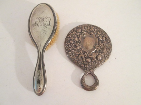 Antique Sterling Handle Hand Brush and Hand Mirror