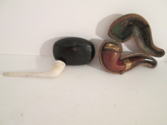 Antique Leather Wrapped Snuff Box, Clay Pipe and C.P.F. Pipe in Original Case